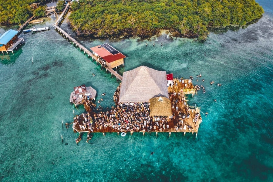 Drone photo of Filthy Friday Party at the Blue Coconut on Isla Solarte in Bocas del Toro