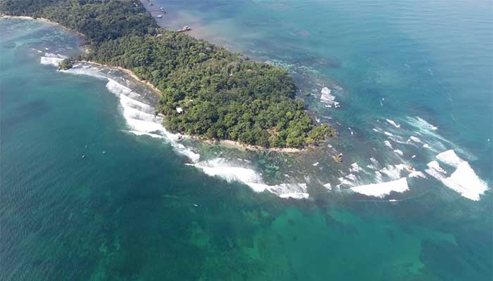 arial view of Carenero Point surf spot with green water and an island covered in rainforest.