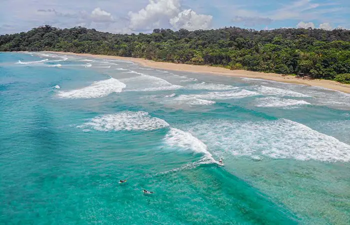 drone view of surfers at wizard beach on Isla Bastimentos in Panama.