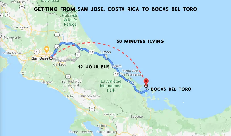 Getting to Bocas del Toro from San Jose Costa Rica Map