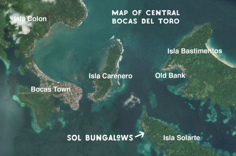 A Map of central Bocas del Toro with island names from Sol Bungalows Overwater Bungalows in Panama.