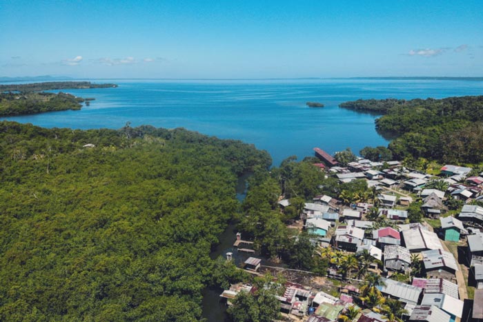 Drone View of the indigenous community on Isla San Cristobal in Bocas del Toro Panama.