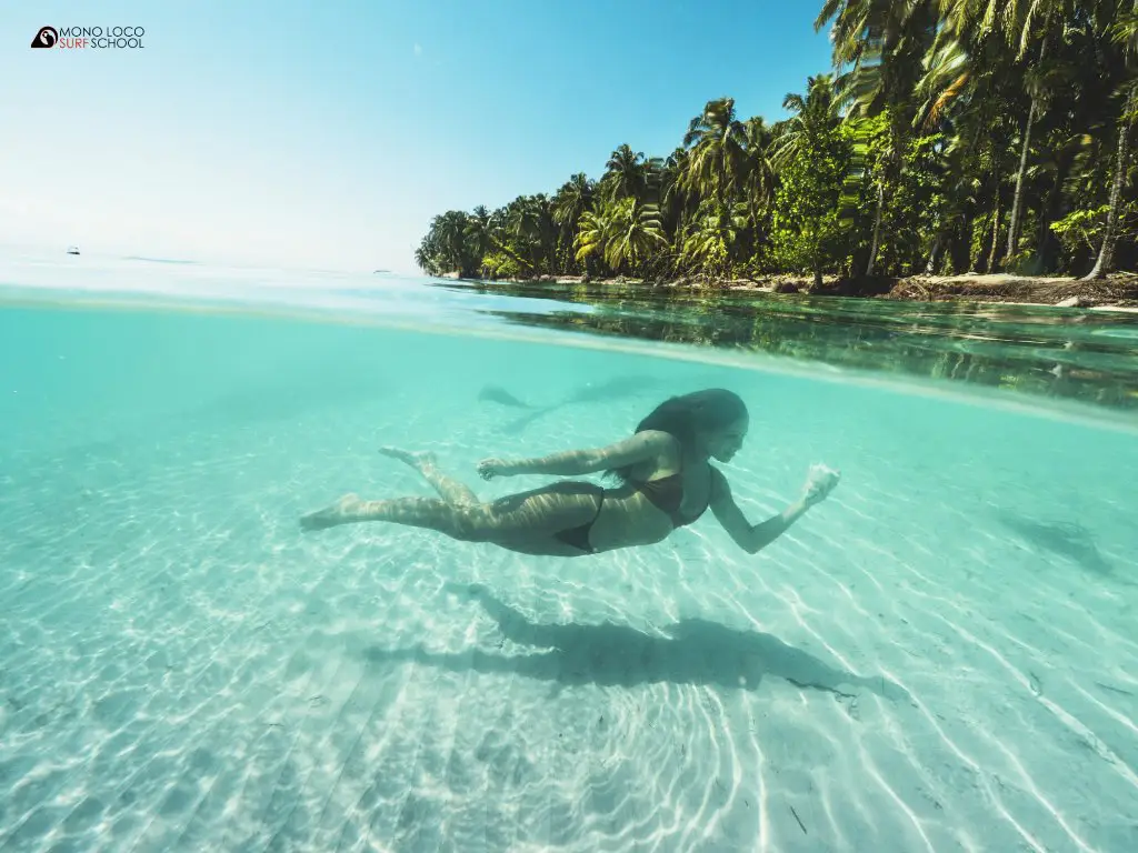 Woman swims underwater in red bikini with green palm tree lined island in the background in bocas del toro panama