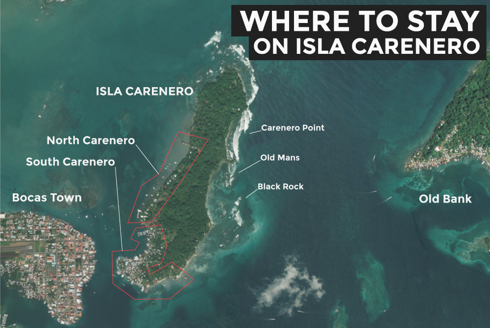 Satellite Map of where to stay on isla Carenero in Panama