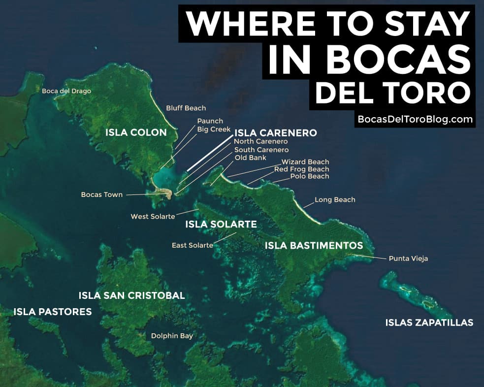 Satellite Map of the Islands and Areas to stay in Bocas del Toro Panama