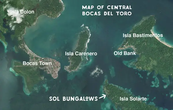 map of sol bungalows overwater bungalows in bocas del toro, Panama.
