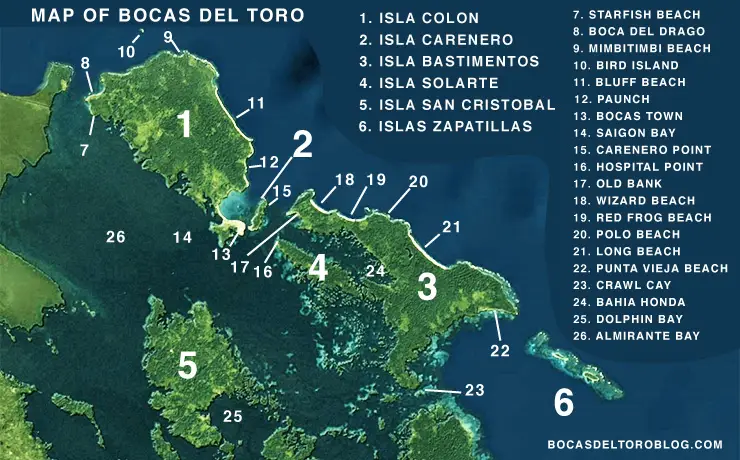 Satellite Map of bocas del toro panama featuring the main islands, towns, and popular landmarks.
