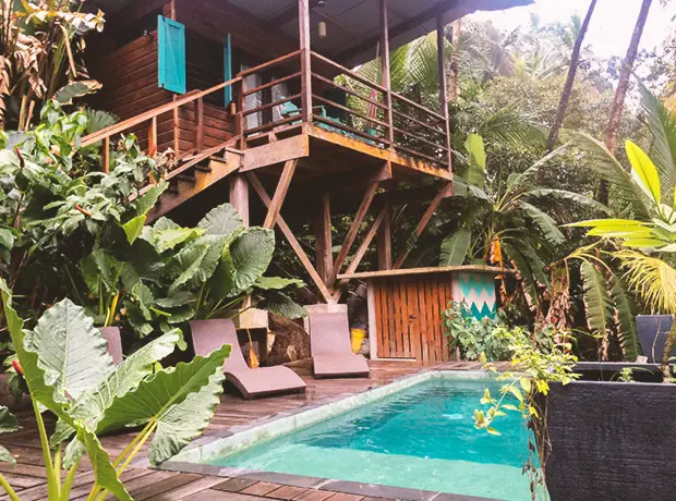 A tree house and plunge pool from the firefly bed and breakfast in Bocas del Toro, Panama.