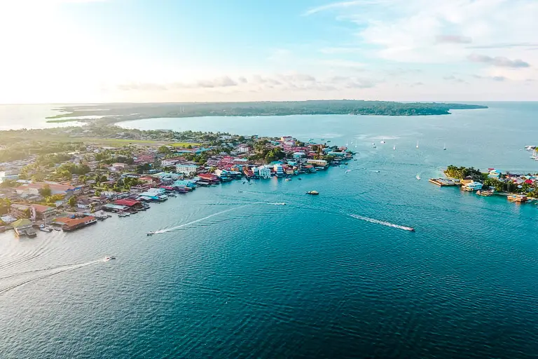 Drone view of Bocas del Toro Real Estate options with Bocas Town and Isla Carenero