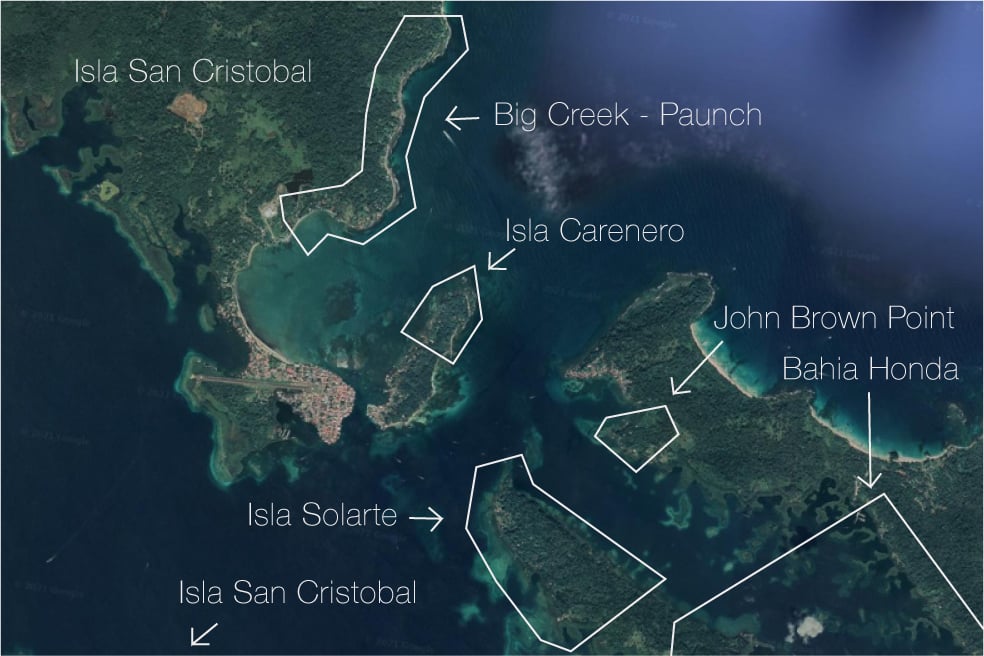 A Satellite Map of Bocas del Toro which outlines the 6 different areas that we recommend to buy real estate in Bocas del Toro. 