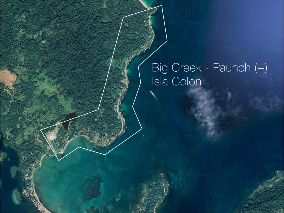 A Satellite Map of Isla colon in Bocas del Toro, Panama, which outlines the area from Big Creek to Paunch, which is where we recommend buying property in Bocas del Toro