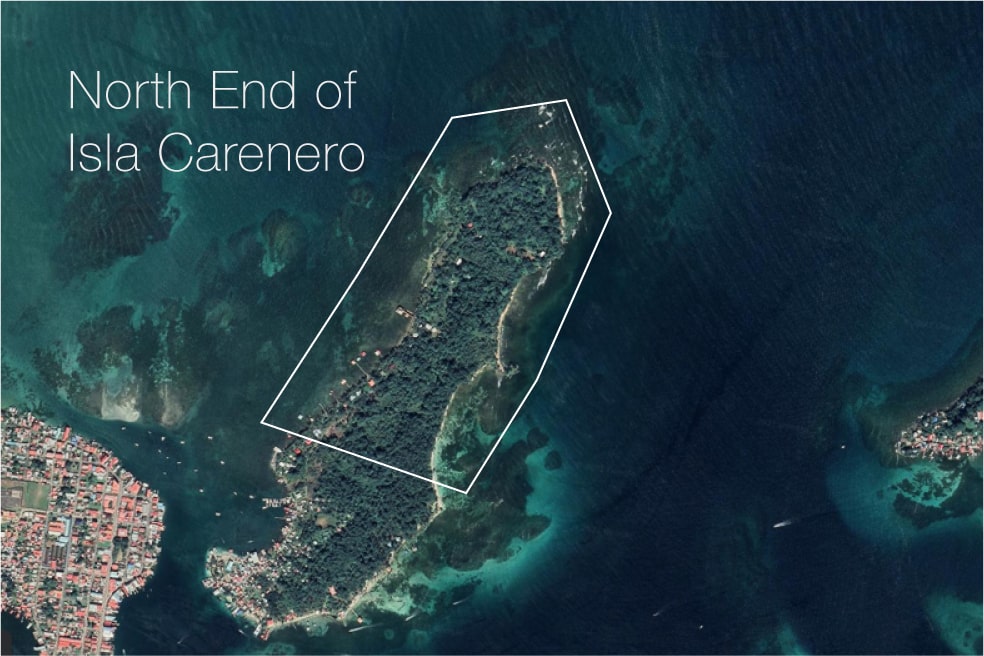 Satellite Map of Isla Carenero outlining the North End, which is where we recommend to buy real estate in Bocas del Toro
