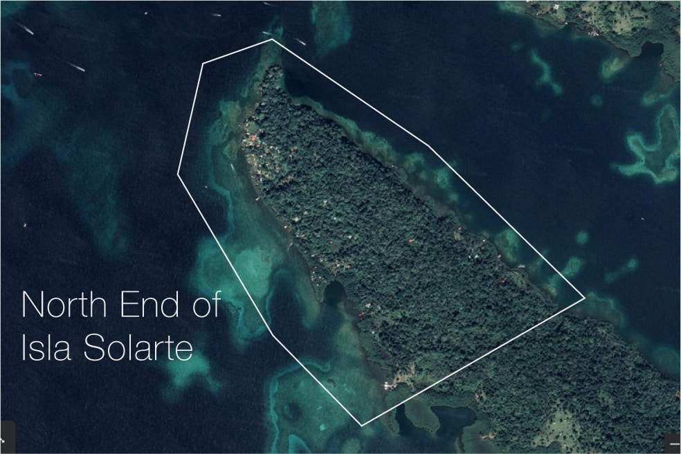 Satellite Map of Isla Solarte outlining the North West End, which is where we recommend to buy real estate in Bocas del Toro