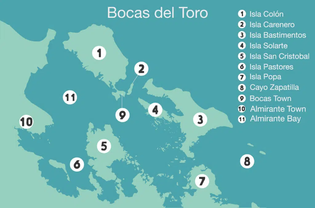 A map of bocas del toro, panama, featuring the most important areas like Isla Colon, Bocas Town, Isla Carenero, and Isla Bastimentos.