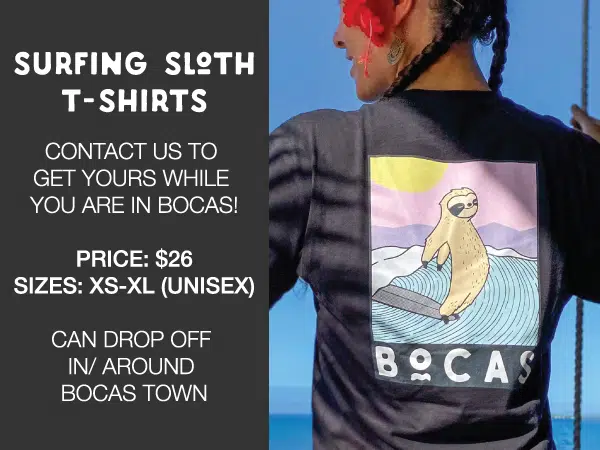 The surfing sloth t shirt is available at Sol Bungalows in Panama.