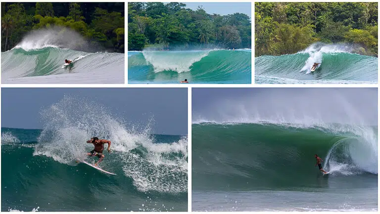 A collage of surfing images picturing bocas del toro and paunch reef