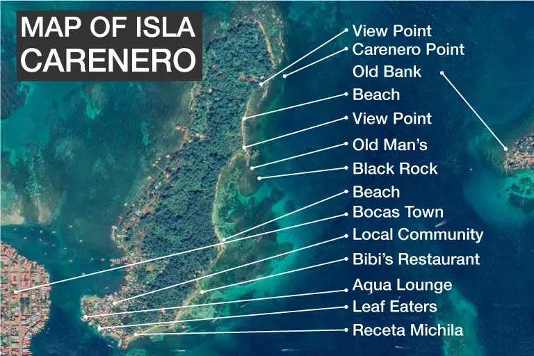 Satellite map of isla Carenero with important areas highlighted