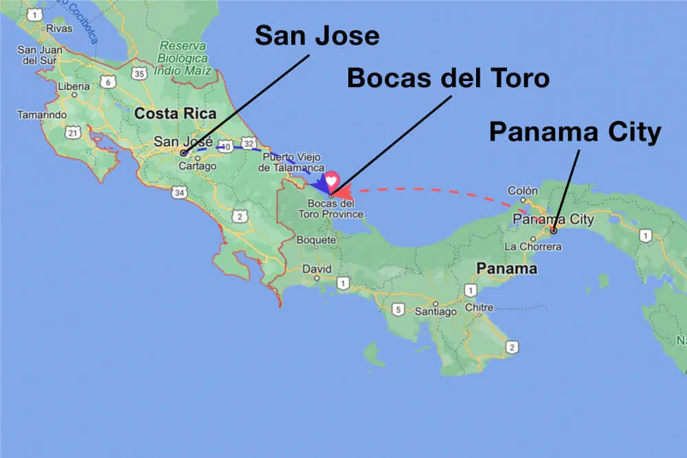 map showing bocas del toro in relation to costa rica and panama city. Bocas del toro has overwater bungalows near costa rica.
