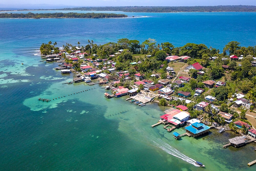 The town of old bank on isla bastimentos from a drone.