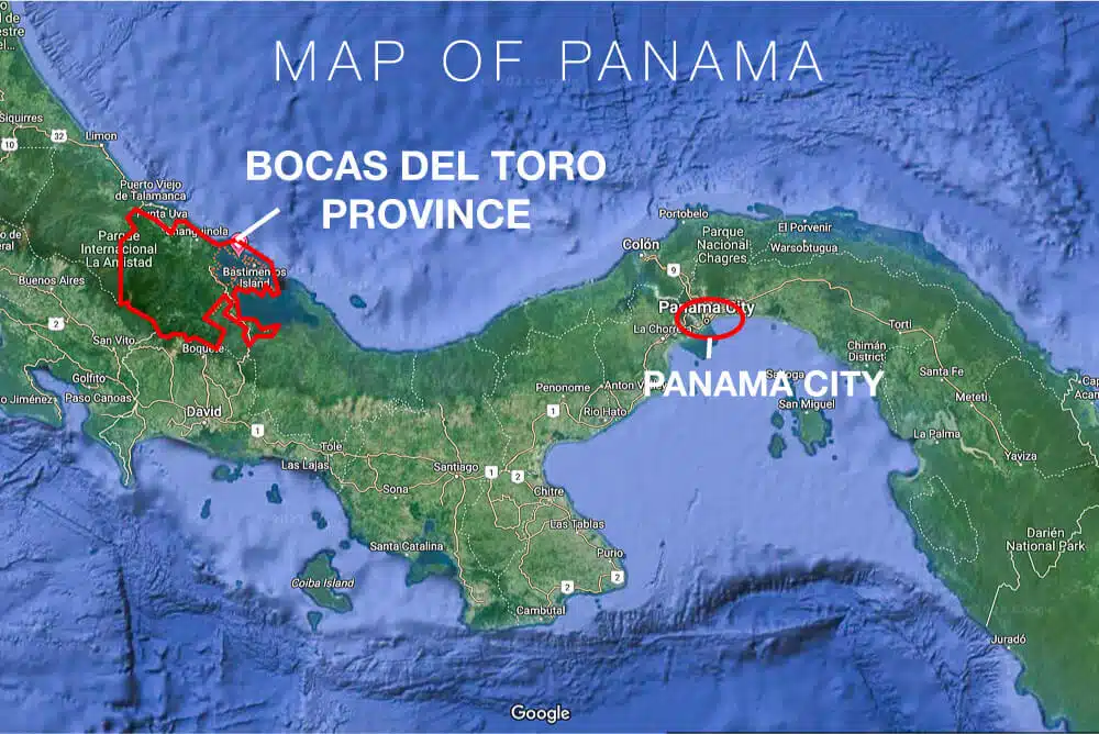 Map of Panama which hightlights Bocas del Toro Province and Panama City in red. The map is a satellite view from Google Maps.