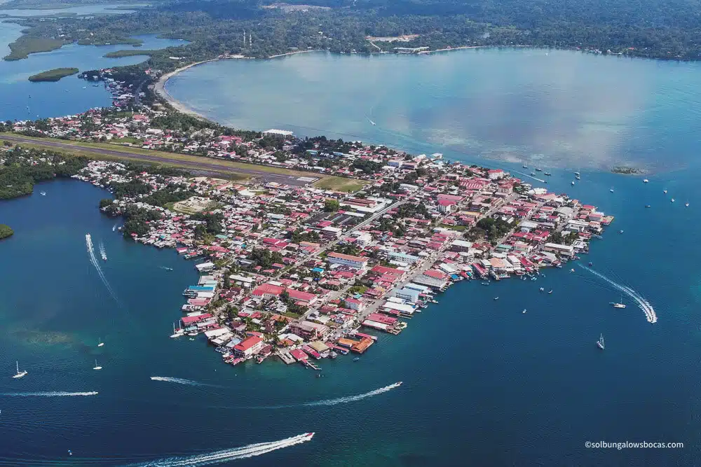 Drone view of Bocas Town on Isla Colon in Bocas del Toro, Panama, where many activities are located.