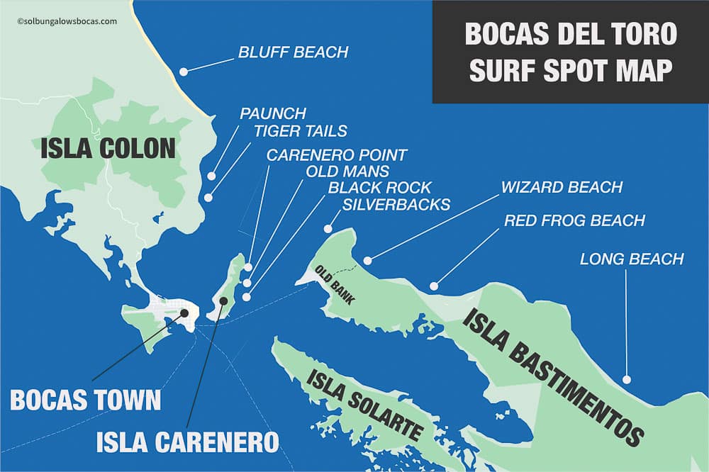 The bocas del toro surf spot map that details all the best surf spots throughout the islands including Bluff Beach, Paunch, Tiger Tails, Carenero Point, Old Mans, Black Rock, Silverbacks, Wizard Beach, Red Frog Beach, and Long Beach.