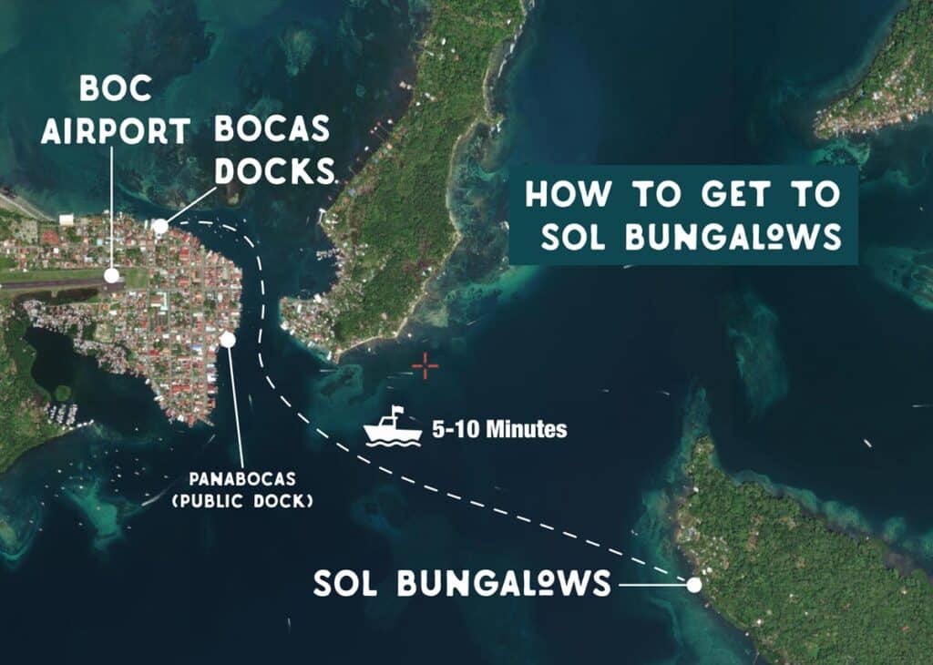 A custom map showing how to get to sol bungalows once you land from the airport in bocas del toro.