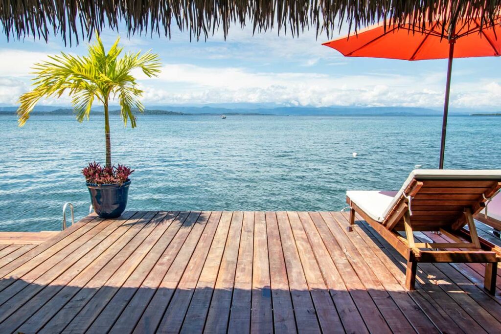 Direct views of the Bay of Almirante towards the mountains of Mainland Panama.